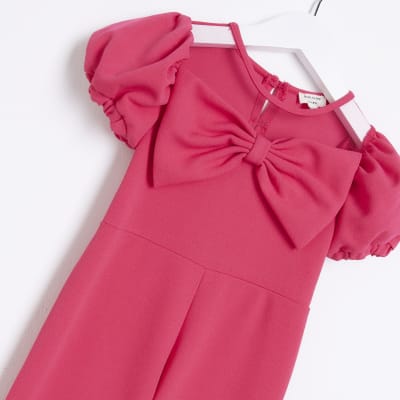 Mini girls pink puff sleeve bow jumpsuit