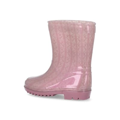 360 degree animation of product Mini girls pink RI monogram wellie boots frame-5