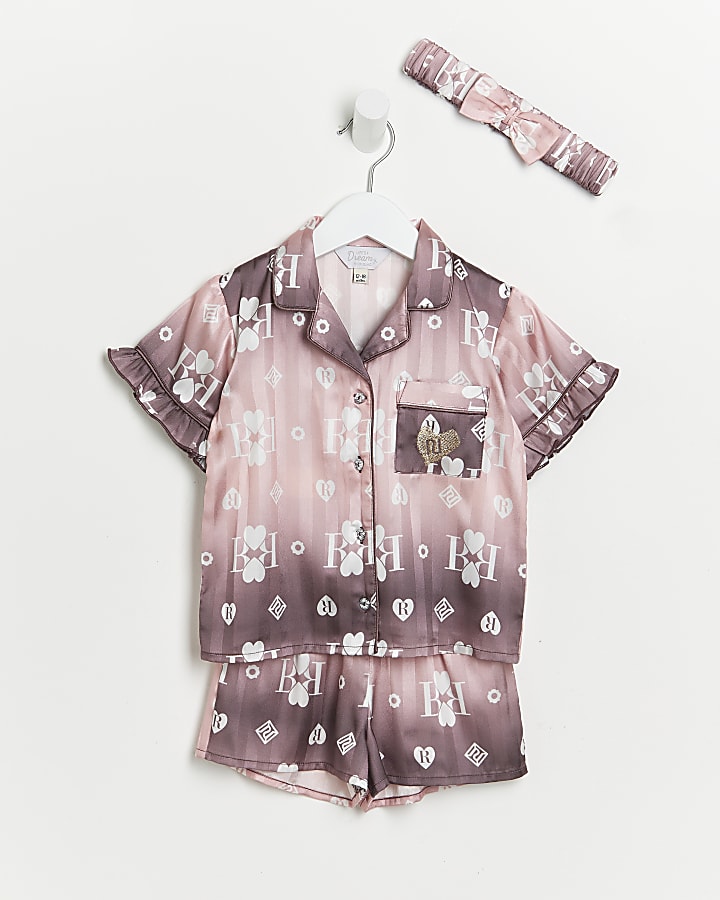 Mini girls pink RI ombre satin pyjama set