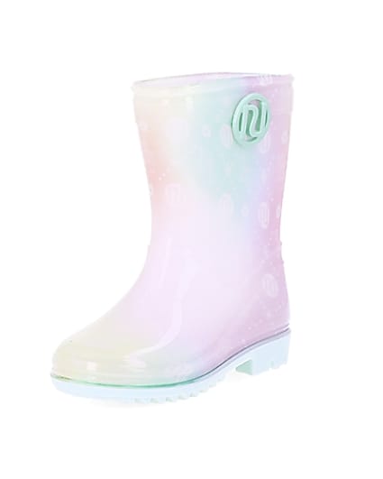 360 degree animation of product Mini girls pink RI print ombre wellie boots frame-0