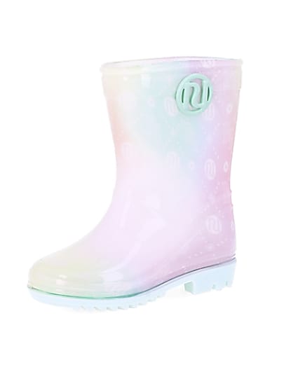 360 degree animation of product Mini girls pink RI print ombre wellie boots frame-1