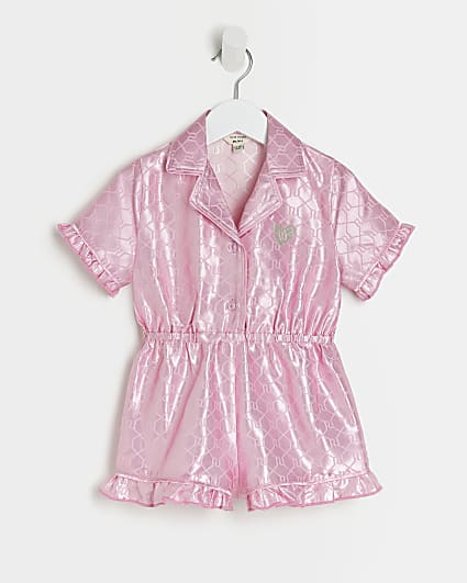 Mini girls pink RI satin pyjama playsuit