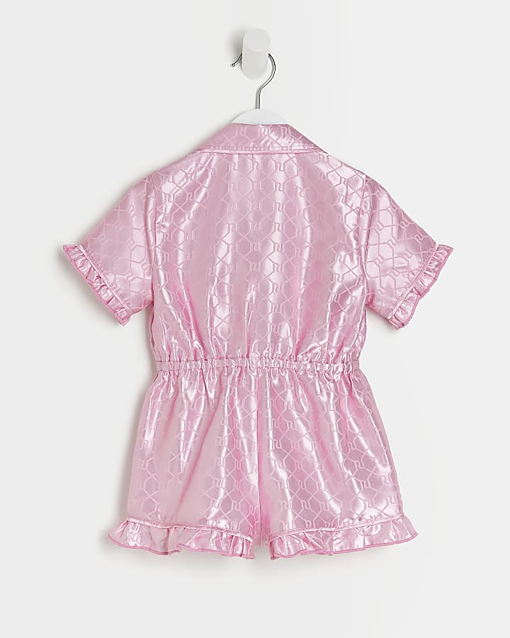 Mini girls pink RI satin pyjama playsuit