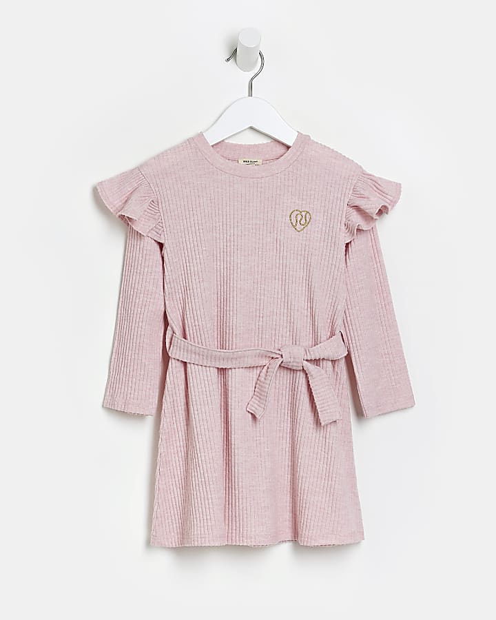 Mini girls Pink RIBBED BELTED FRILL DRESs