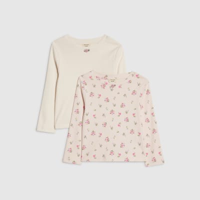 Mini Girls Pink Ribbed Floral Pack Of 2 Tops
