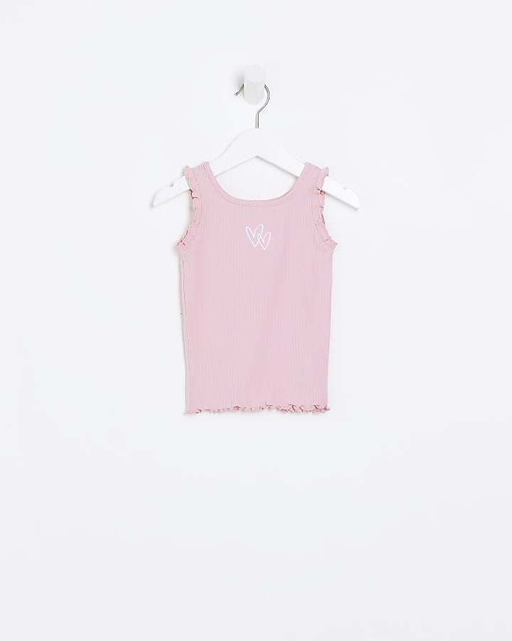 Mini girls Pink ribbed Frill vest Top