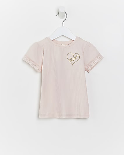 Mini girls pink ribbed lace trim t-shirt