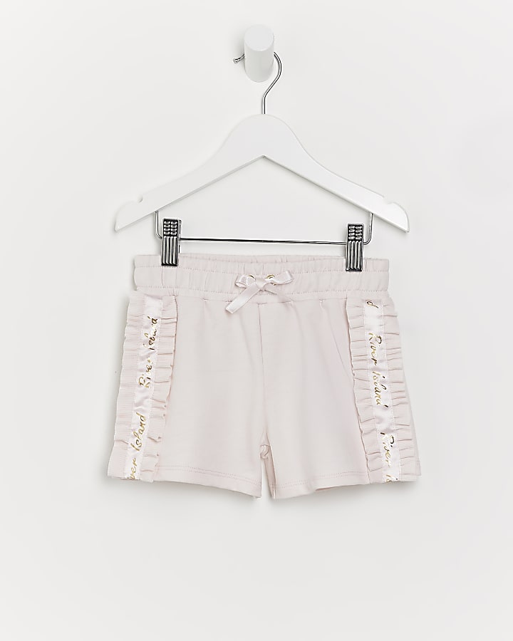 Mini girls pink ruffle satin trim shorts