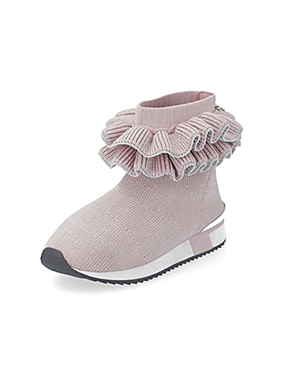 360 degree animation of product Mini girls pink ruffle sock high top trainers frame-0