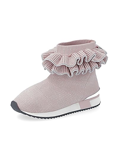 360 degree animation of product Mini girls pink ruffle sock high top trainers frame-1