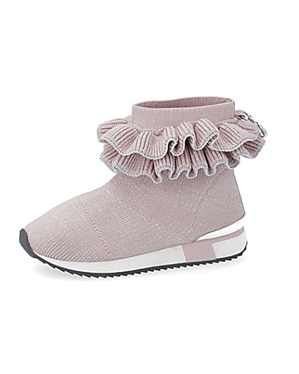 360 degree animation of product Mini girls pink ruffle sock high top trainers frame-2