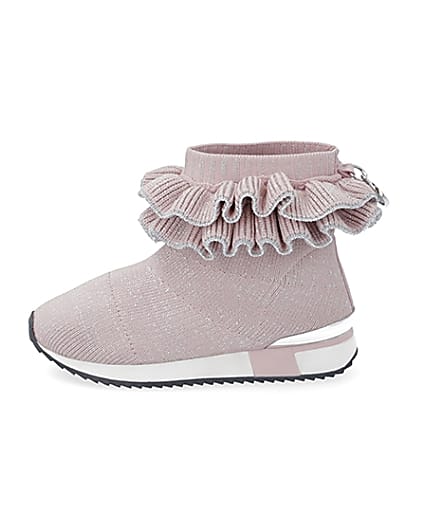 360 degree animation of product Mini girls pink ruffle sock high top trainers frame-3
