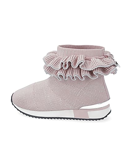 360 degree animation of product Mini girls pink ruffle sock high top trainers frame-4