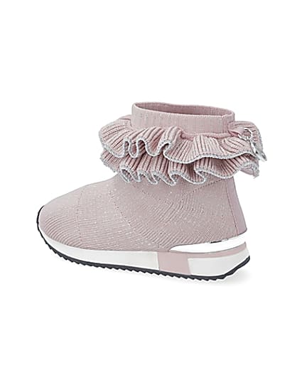 360 degree animation of product Mini girls pink ruffle sock high top trainers frame-5