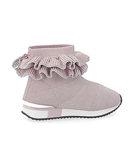 360 degree animation of product Mini girls pink ruffle sock high top trainers frame-14