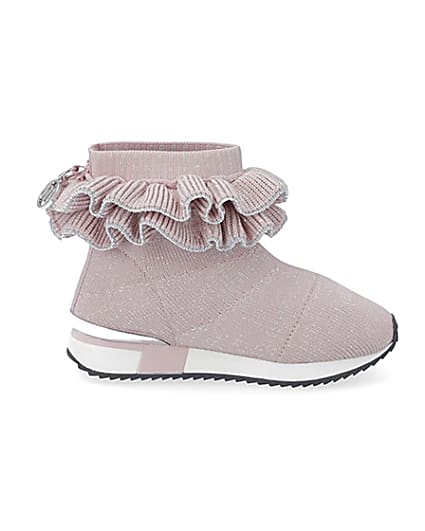 360 degree animation of product Mini girls pink ruffle sock high top trainers frame-15