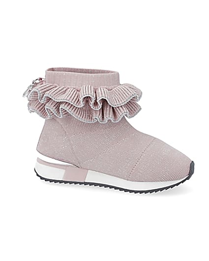 360 degree animation of product Mini girls pink ruffle sock high top trainers frame-16