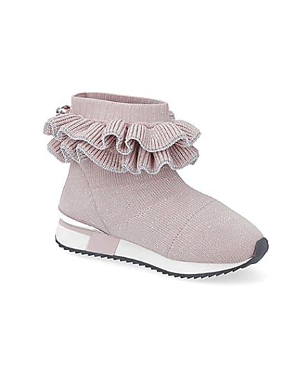 360 degree animation of product Mini girls pink ruffle sock high top trainers frame-17