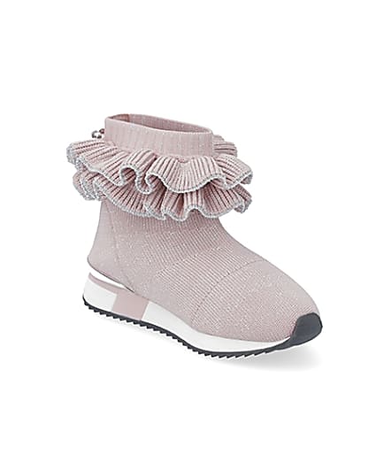 360 degree animation of product Mini girls pink ruffle sock high top trainers frame-18
