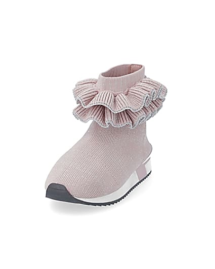 360 degree animation of product Mini girls pink ruffle sock high top trainers frame-23