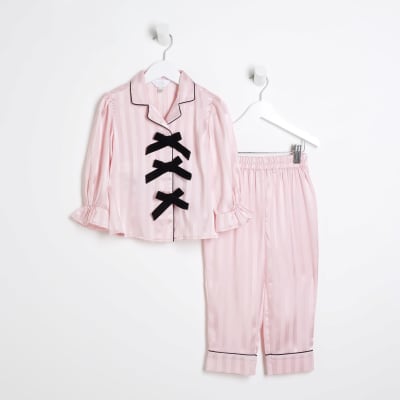 Mini Girls Pink Satin Bow Pyjamas River Island