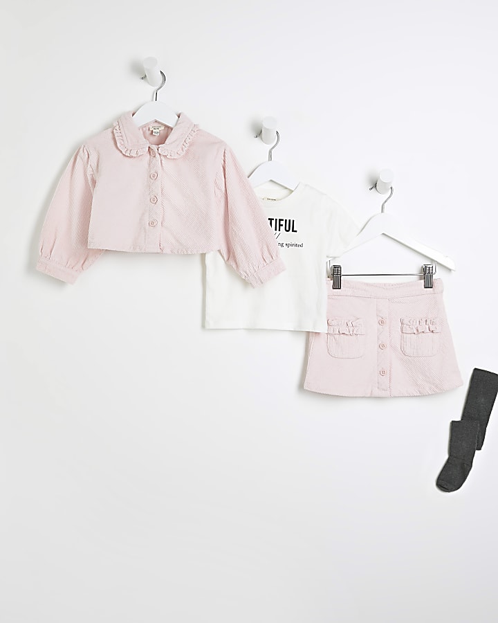 Mini Girls Pink Shacket and Skirt Set