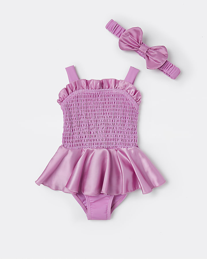 Mini girls pink shirred peplum swimsuit set