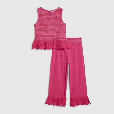 Mini Girls Pink Shirred Top & Trousers Set