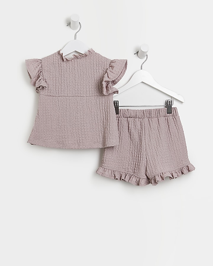 Mini girls pink shirred top and shorts outfit