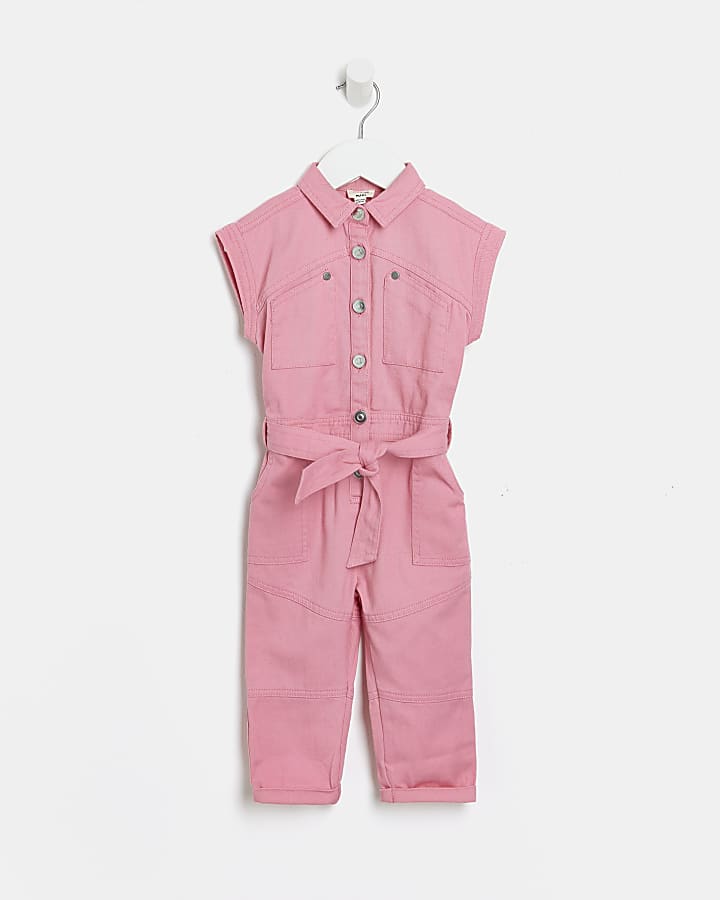 Mini girls pink stitch detail boilersuit