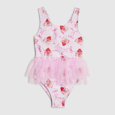 Mini Girls Pink Strawberry Bow Tutu Swimsuit