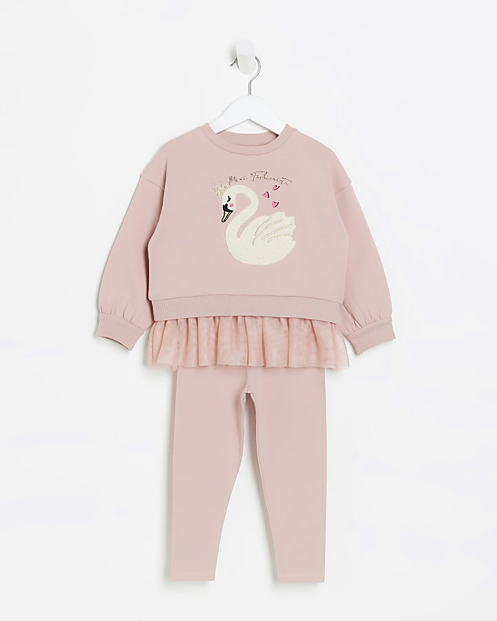 Mini girls pink swan tulle sweatshirt set | River Island