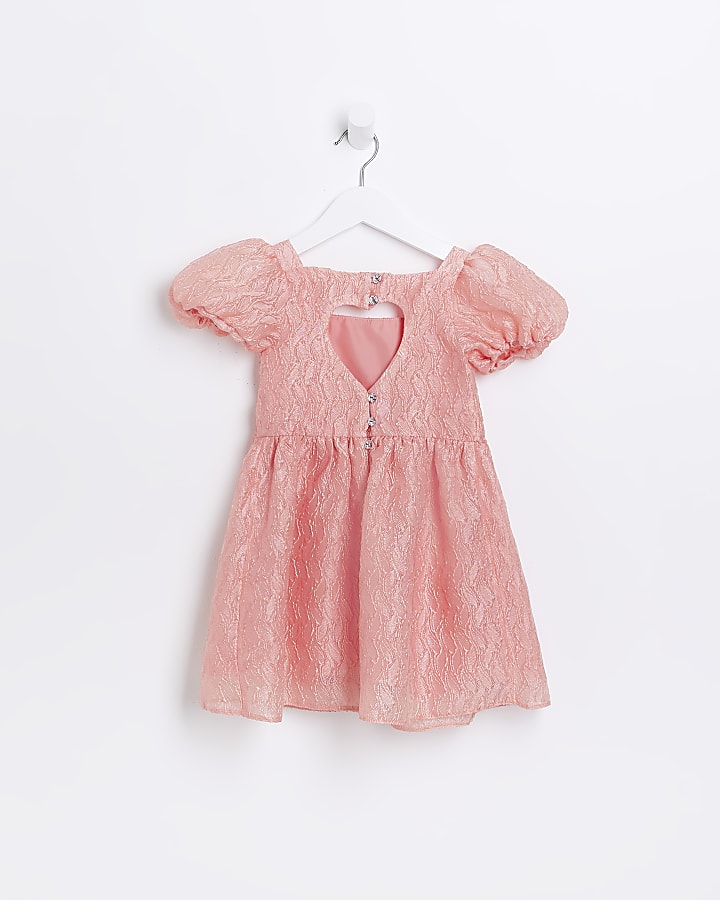 Mini Girls Pink Textured Puff Sleeve Dress