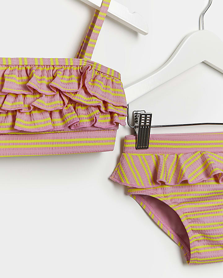 Mini girls pink textured stripe bikini set