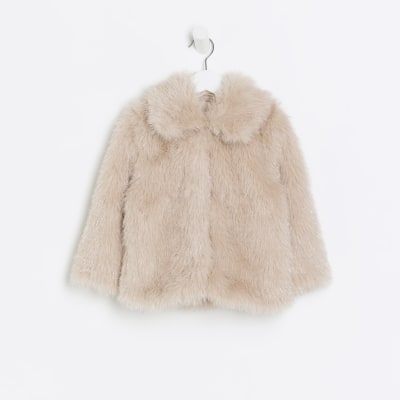Mini girls pink tinsel faux fur coat River Island