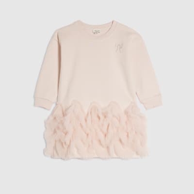 Mini Girls Pink Tulle Hem Sweatshirt Dress