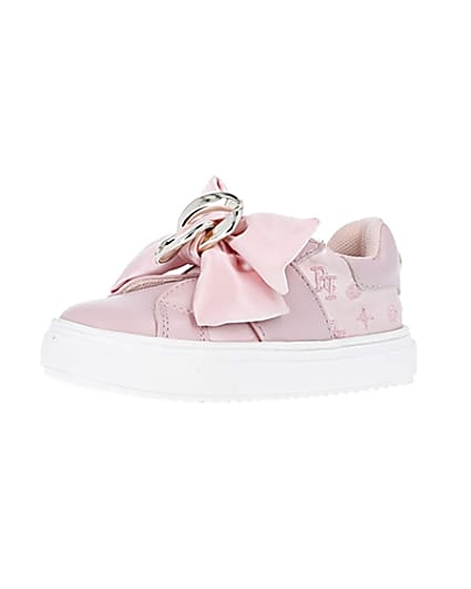 360 degree animation of product Mini girls pink velcro satin bow trainers frame-1