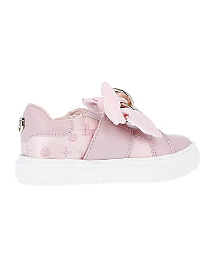 360 degree animation of product Mini girls pink velcro satin bow trainers frame-14
