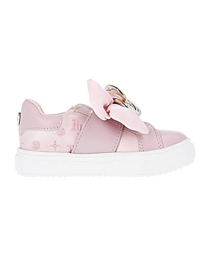 360 degree animation of product Mini girls pink velcro satin bow trainers frame-15
