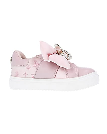 360 degree animation of product Mini girls pink velcro satin bow trainers frame-16