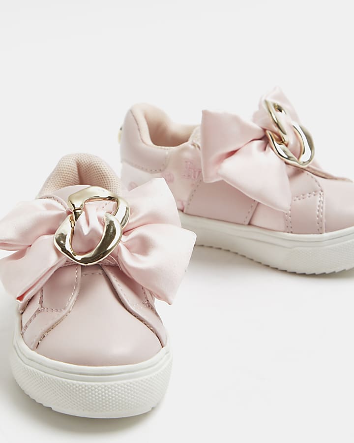 Mini girls pink velcro satin bow trainers