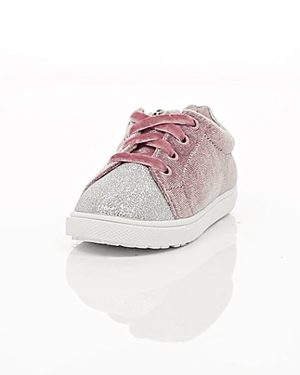 360 degree animation of product Mini girls pink velvet lace-up trainers frame-2