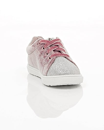 360 degree animation of product Mini girls pink velvet lace-up trainers frame-5