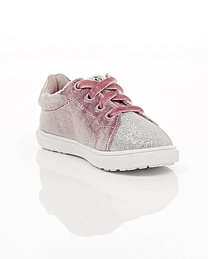 360 degree animation of product Mini girls pink velvet lace-up trainers frame-6