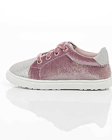 360 degree animation of product Mini girls pink velvet lace-up trainers frame-21