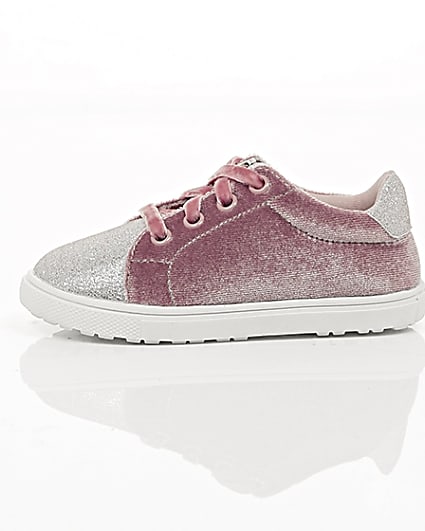 360 degree animation of product Mini girls pink velvet lace-up trainers frame-22