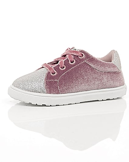 360 degree animation of product Mini girls pink velvet lace-up trainers frame-23