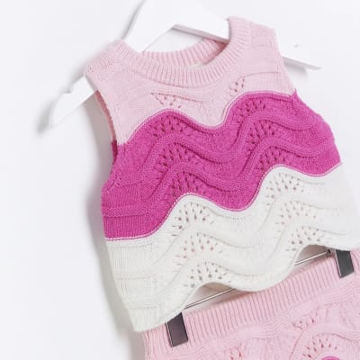Mini girls pink wave knitted skirt set