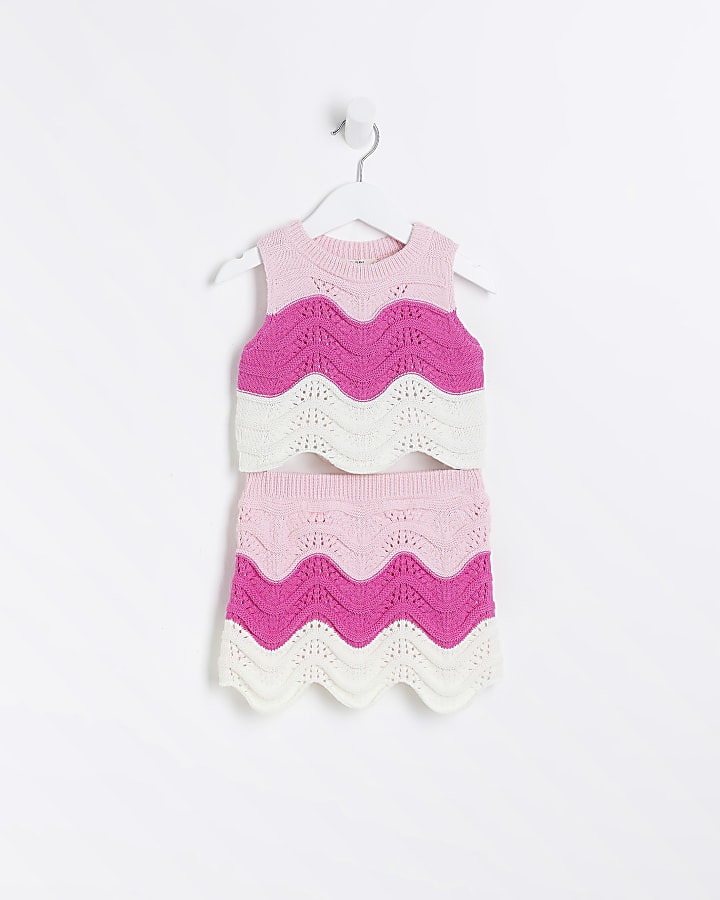 Mini girls pink wave knitted skirt set