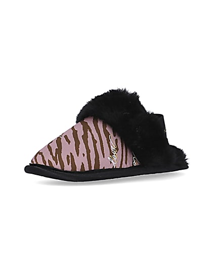 360 degree animation of product Mini girls Pink Zebra Faux fur Mule Slippers frame-0